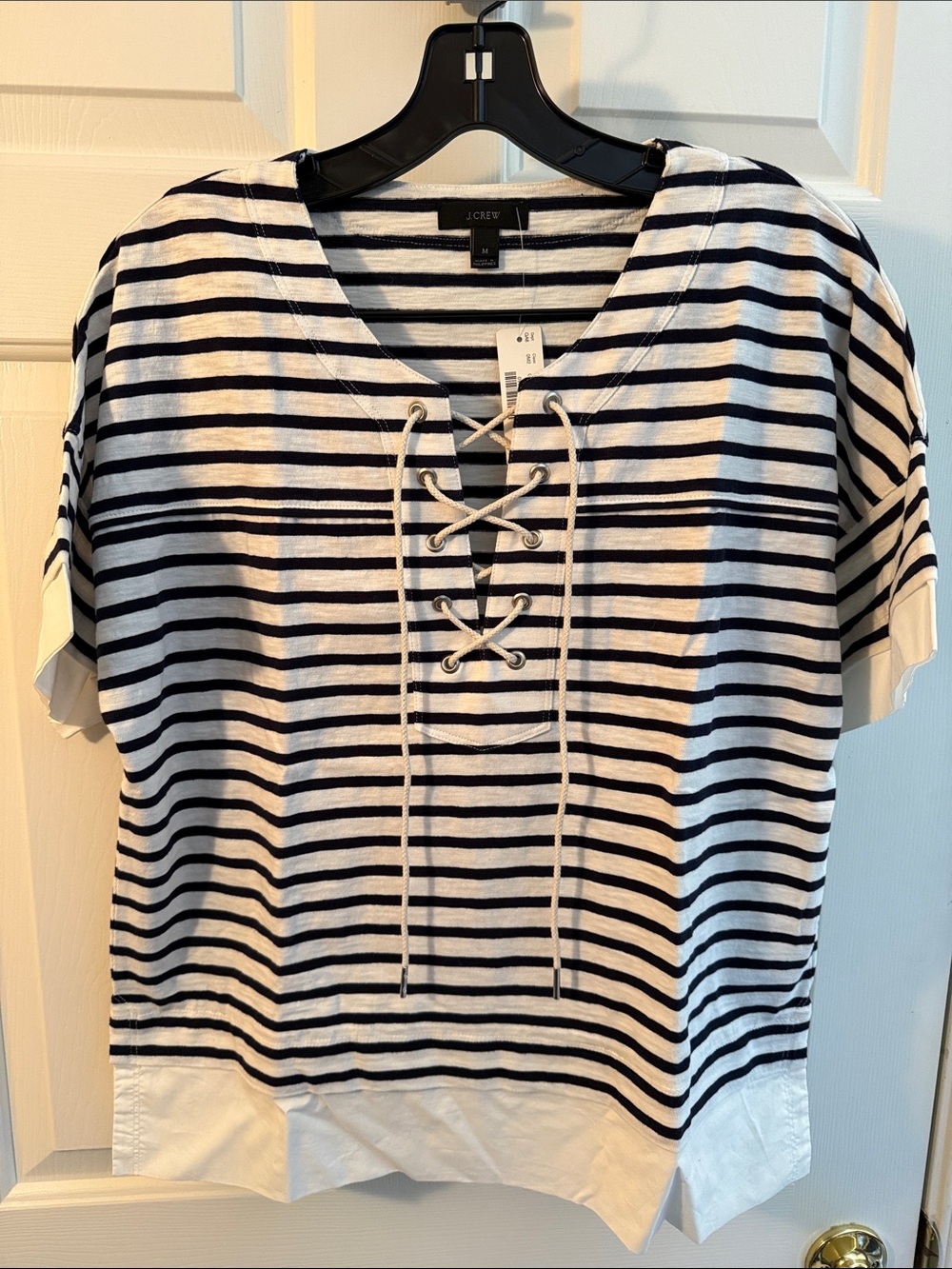 J. Crew Black and Cream Striped Lace-Up Short Sleeve Top